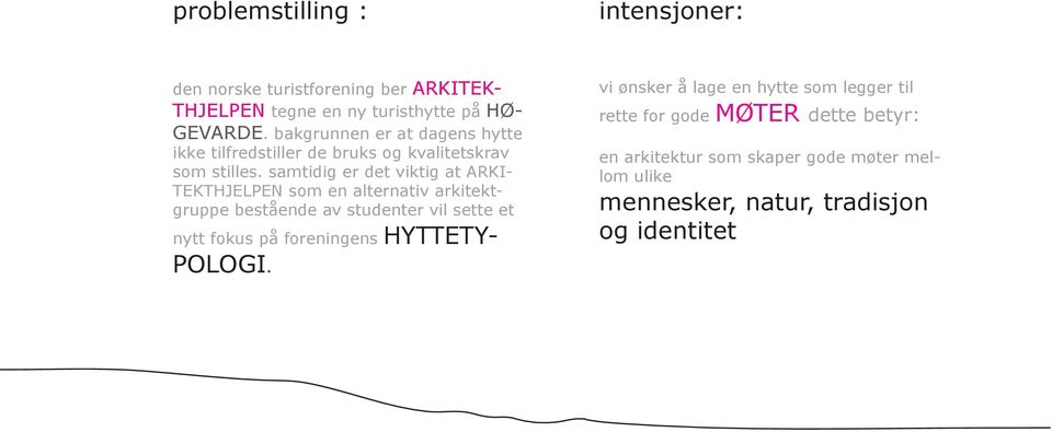 samtidig er det viktig at ARKI- TEKTHJELPEN som en alternativ arkitektgruppe bestående av studenter vil sette et nytt fokus på