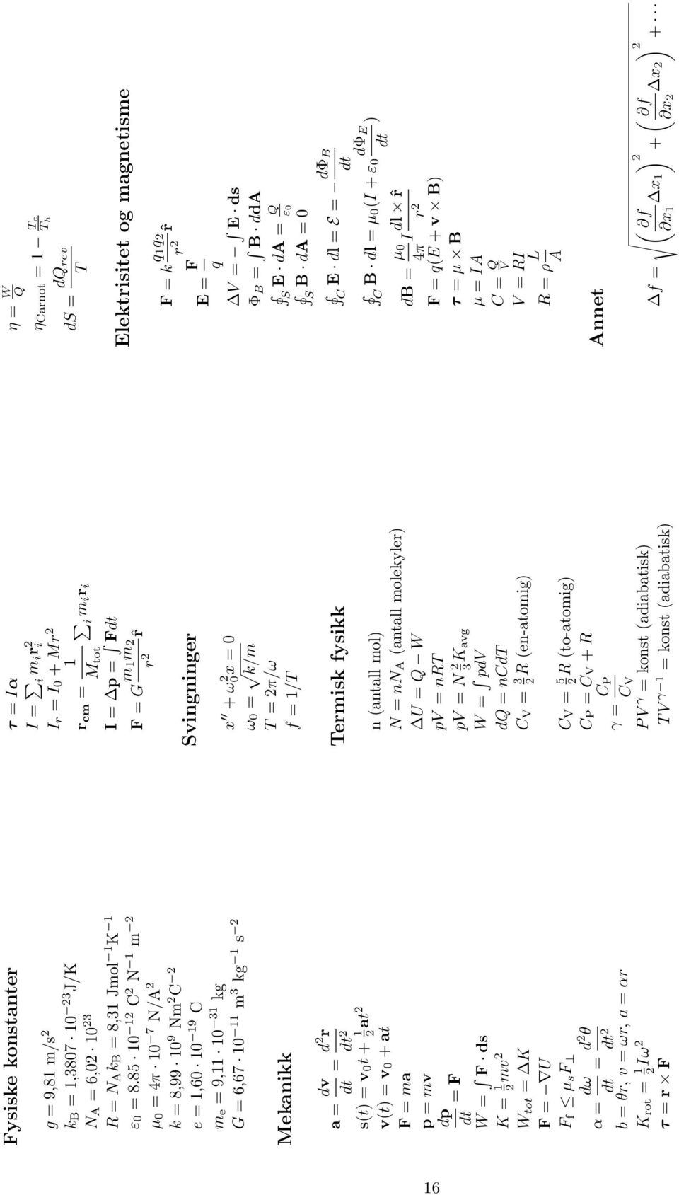 W = F ds K = 1 mv Wtot = K F = U Ff µsf α = dω dt = d θ dt b = θr, v = ωr, a = αr Krot = 1 Iω τ = r F τ = Iα I = i m ir i = + Mr Ir I0 rcm = 1 Mtot I = p = Fdt F = G m 1m ˆr r i m iri Svingninger x +