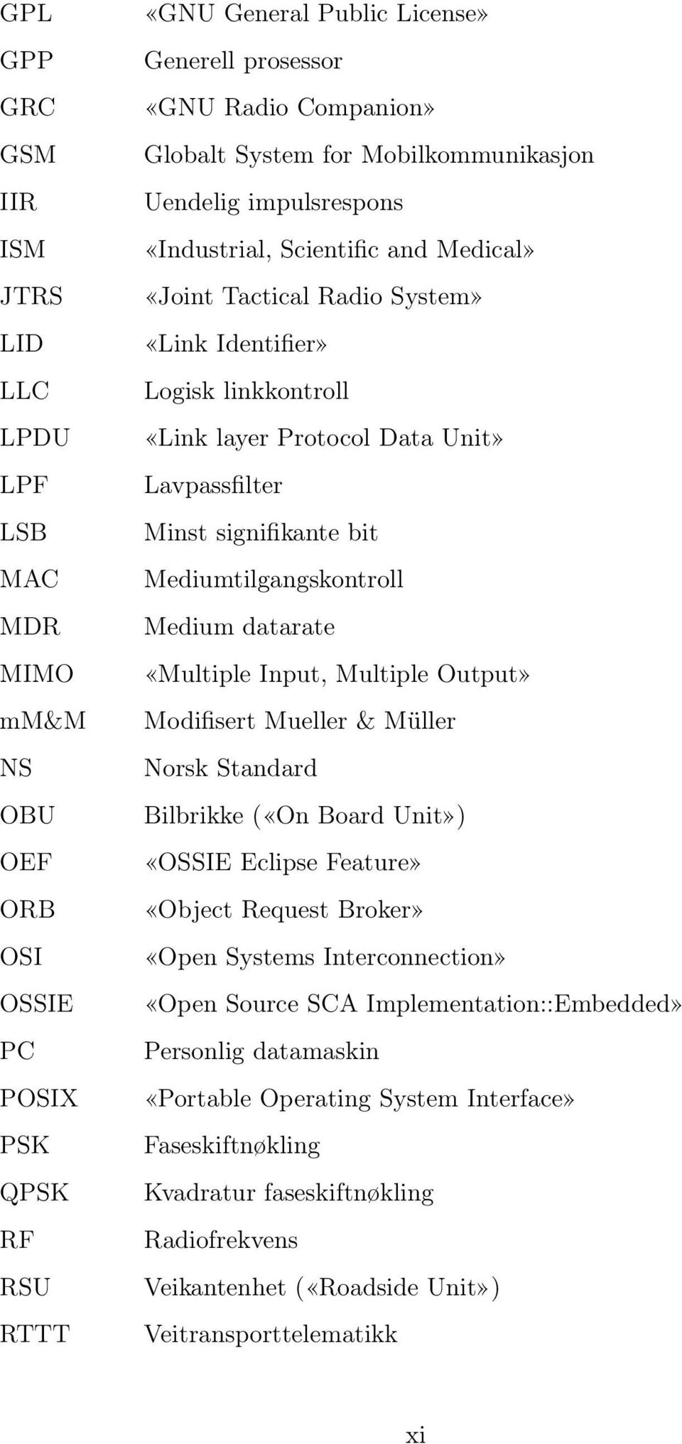 Lavpassfilter Minst signifikante bit Mediumtilgangskontroll Medium datarate «Multiple Input, Multiple Output» Modifisert Mueller & Müller Norsk Standard Bilbrikke («On Board Unit») «OSSIE Eclipse