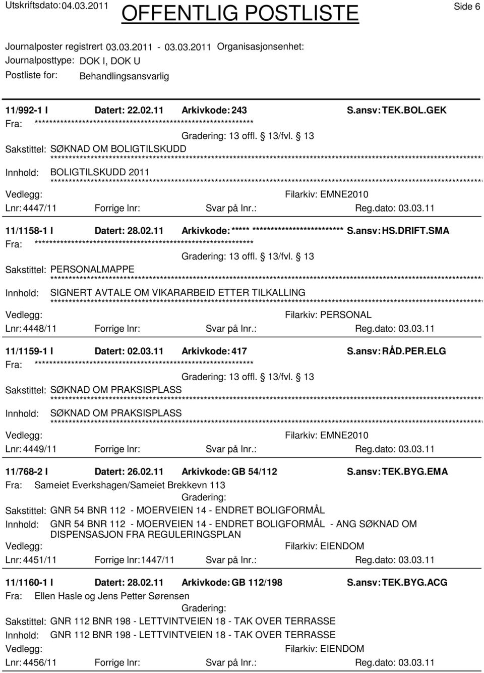 13 Sakstittel: PERSONALMAPPE Innhold: SIGNERT AVTALE OM VIKARARBEID ETTER TILKALLING Lnr: 4448/11 Forrige lnr: Svar på lnr.: 11/1159-1 I Datert: 02.03.11 Arkivkode:417 S.ansv: RÅD.PER.ELG 13 offl.