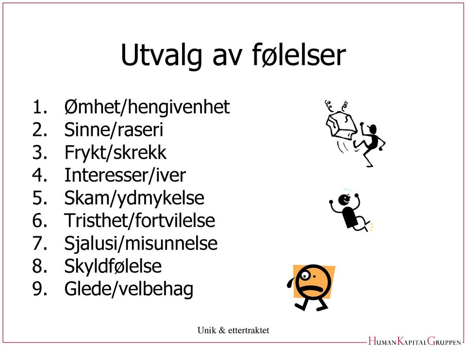 Interesser/iver 5. Skam/ydmykelse 6.