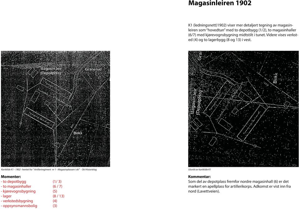 Kartkilde K1-1902 - hentet fra Artilleriregiment nr 1 - Magasinplassen i ski - Ski Historielag Momenter: - to depotbygg (1/ 3) - to magasinhaller (6 / 7) -