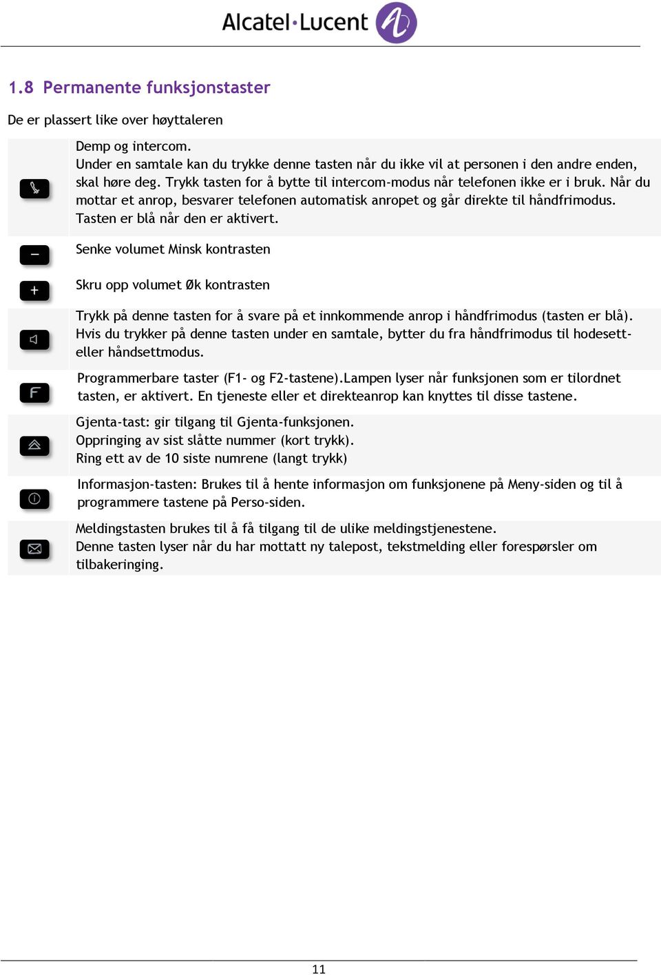 Tasten er blå når den er aktivert. Senke volumet Minsk kontrasten Skru opp volumet Øk kontrasten Trykk på denne tasten for å svare på et innkommende anrop i håndfrimodus (tasten er blå).