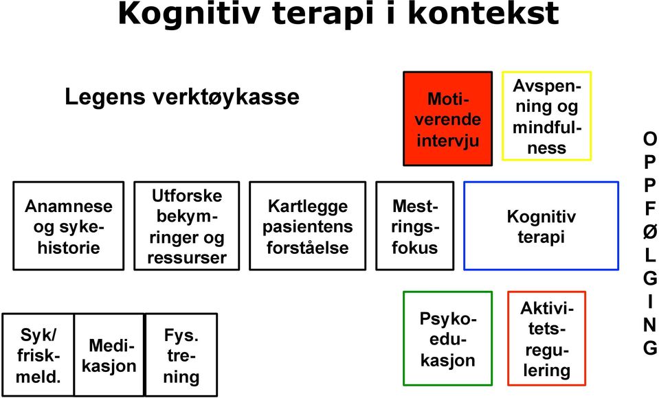 pasientens forståelse Motiverende intervju Mestringsfokus Psykoedukasjon