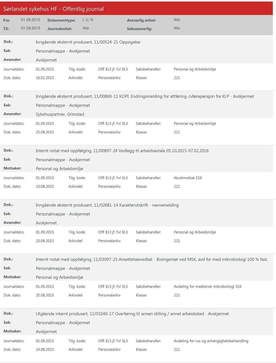 10.2015-07.02.2016 Personalmappe - Akuttmottak SSK Dok. dato: 10.08.2015 Arkivdel: Personalarkiv Inngående eksternt produsert, 11/02681-14 Karakterutskrift - navnemelding Personalmappe - Dok.