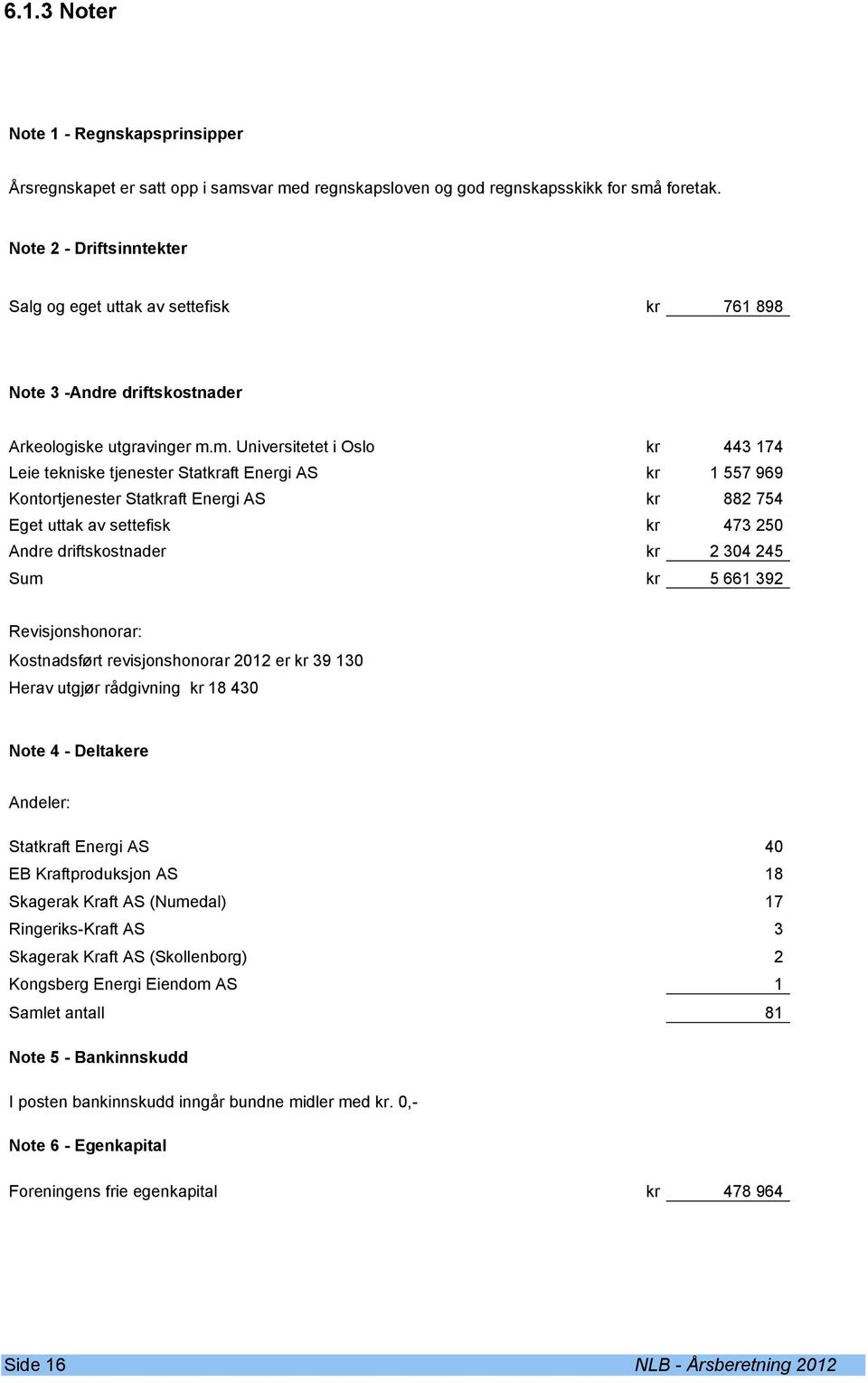 m. Universitetet i Oslo kr 443 174 Leie tekniske tjenester Statkraft Energi AS kr 1 557 969 Kontortjenester Statkraft Energi AS kr 882 754 Eget uttak av settefisk kr 473 250 Andre driftskostnader kr