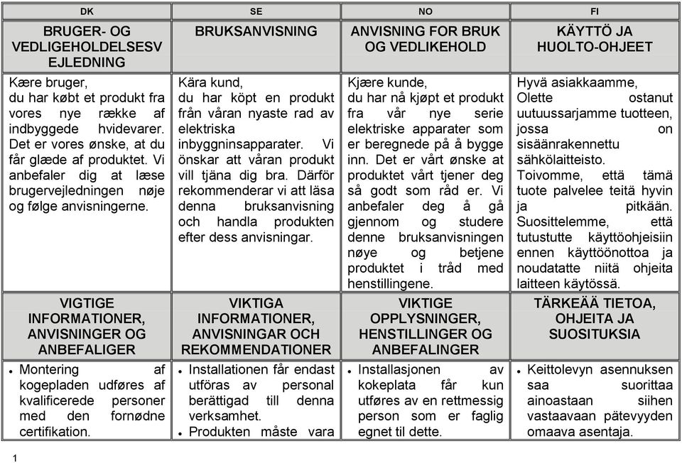 VIGTIGE INFORMATIONER, ANVISNINGER OG ANBEFALIGER Montering af kogepladen udføres af kvalificerede personer med den fornødne certifikation.