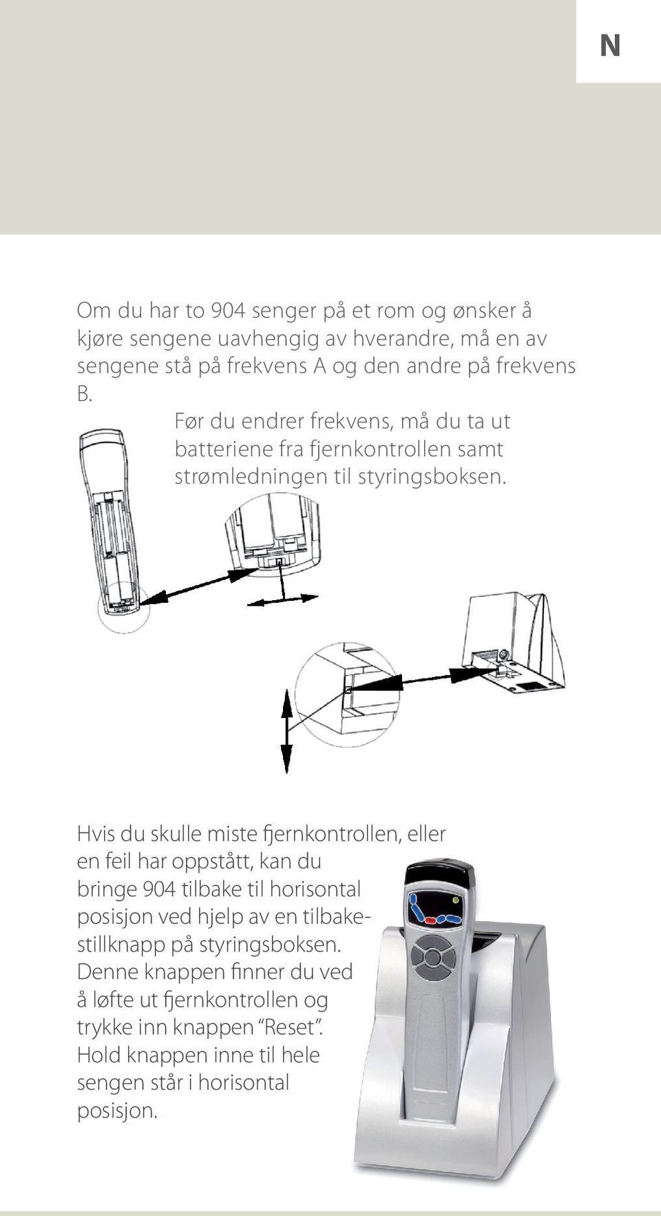 Hvis du skulle miste fjernkontrollen, eller en feil har oppstått, kan du bringe 904 tilbake til horisontal posisjon ved hjelp av en