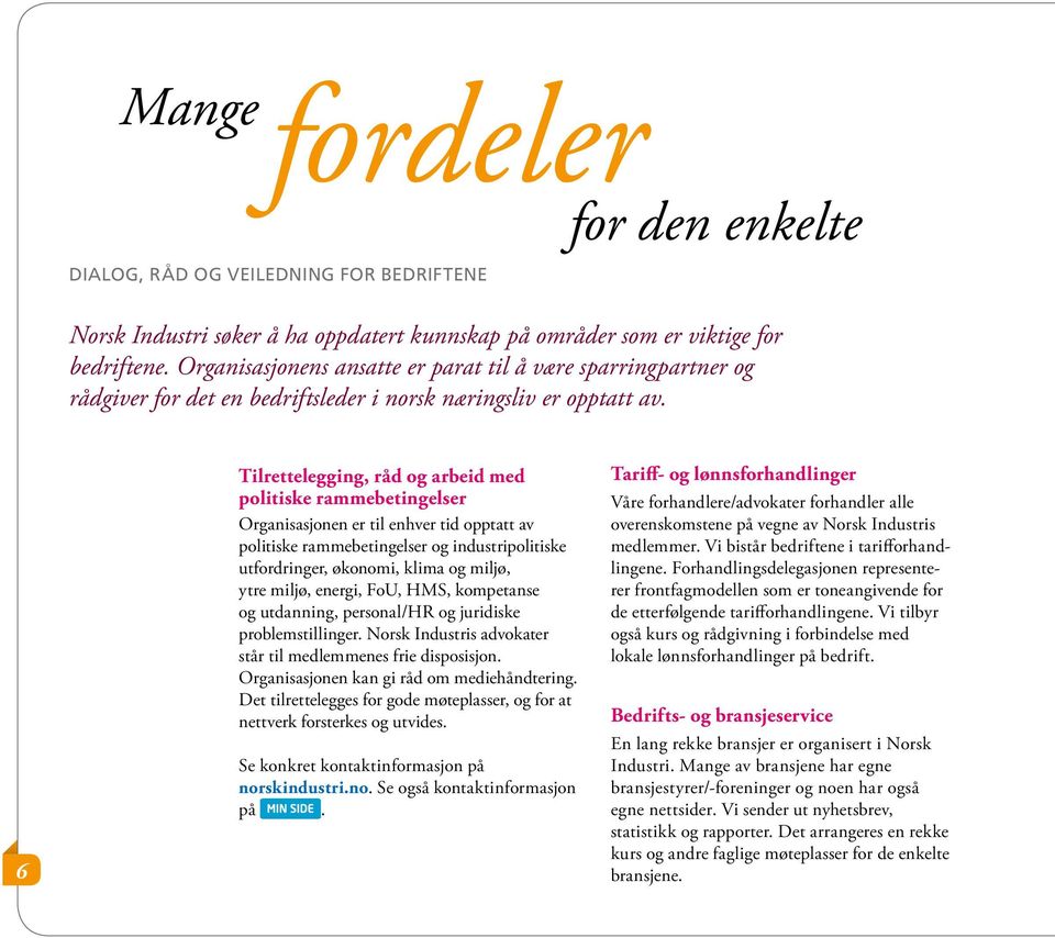 6 Tilrettelegging, råd og arbeid med politiske rammebetingelser Organisasjonen er til enhver tid opptatt av politiske rammebetingelser og industripolitiske utfordringer, økonomi, klima og miljø, ytre