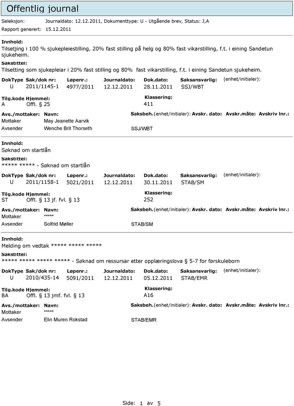 dato: Avskr.måte: Avskriv lnr.: May Jeanette Aarvik Wenche Brit Thorseth Søknad om startlån ***** ***** - Søknad om startlån 2011/1158-1 5021/2011 30.11.2011 ST 252 Avs./mottaker: Navn: Saksbeh.