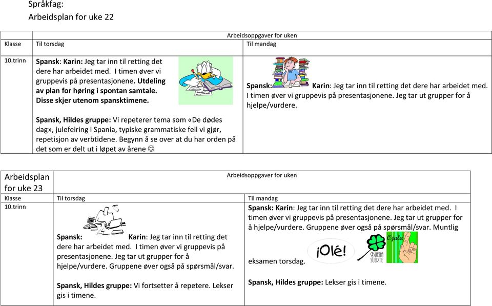 Spansk, Hildes gruppe: Vi repeterer tema som «De dødes dag», julefeiring i Spania, typiske grammatiske feil vi gjør, repetisjon av verbtidene.