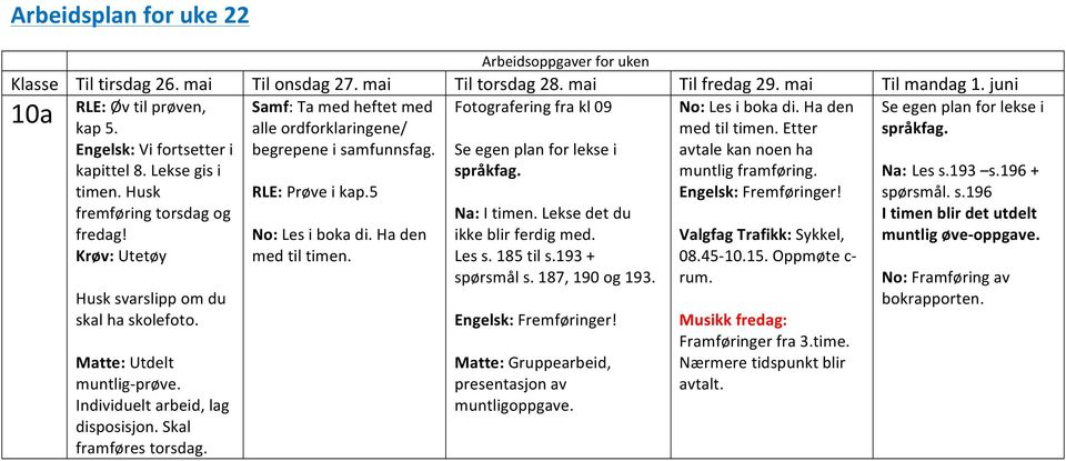 juni mf: Ta med heftet med Fotografering fra kl 09 alle ordforklaringene/ begrepene i samfunnsfag. : Prøve i kap.5 No: Les i boka di. Ha den med til timen. : I timen.