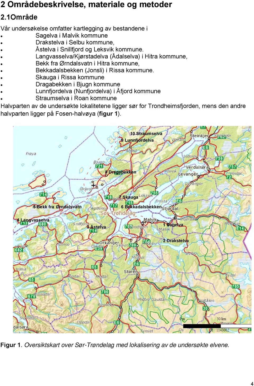 Skauga i Rissa kommune Dragabekken i Bjugn kommune Lunnfjordelva (Nunfjordelva) i Åfjord kommune Straumselva i Roan kommune Halvparten av de undersøkte lokalitetene ligger sør for Trondheimsfjorden,