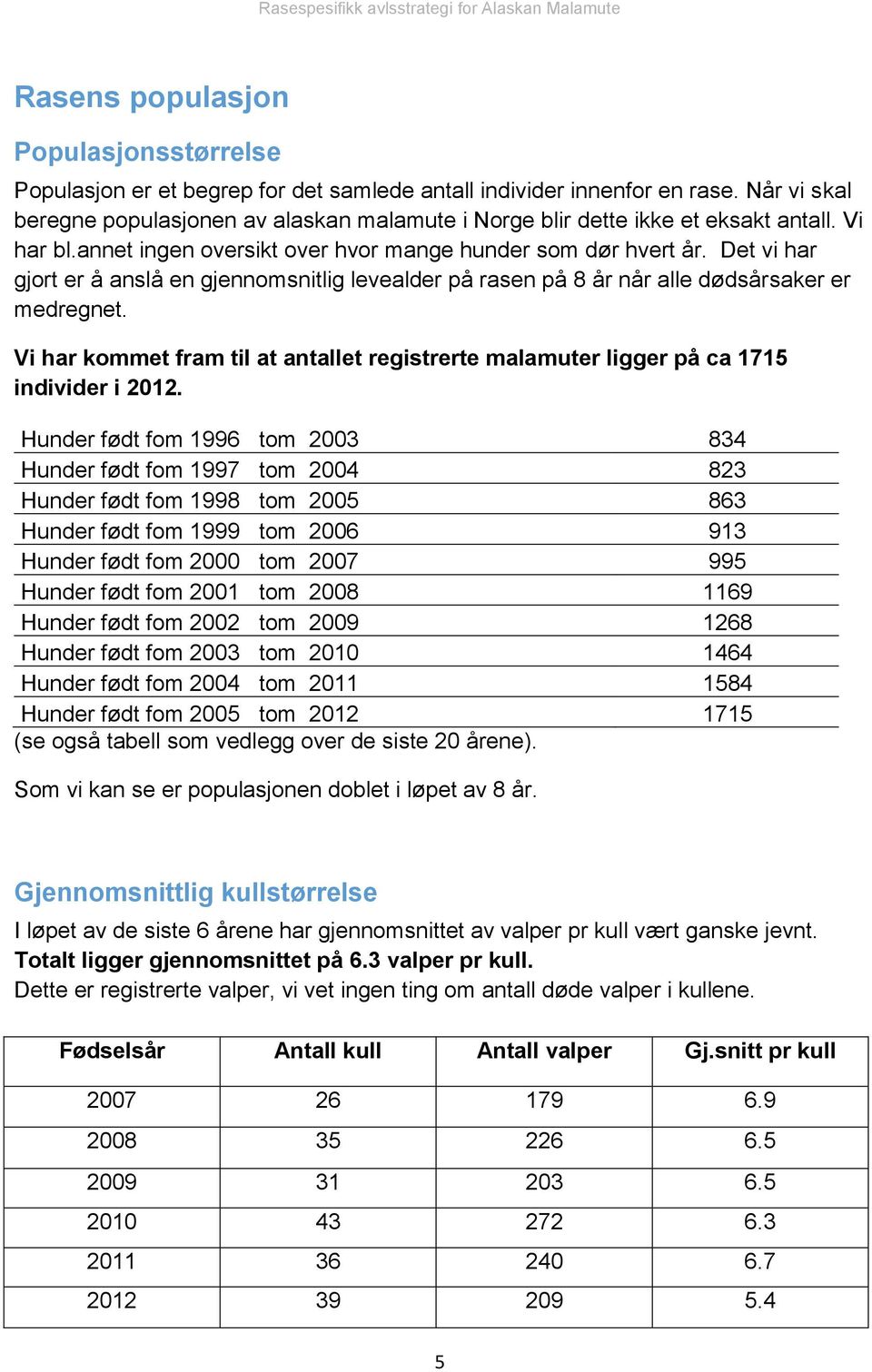 Det vi har gjort er å anslå en gjennomsnitlig levealder på rasen på 8 år når alle dødsårsaker er medregnet. Vi har kommet fram til at antallet registrerte malamuter ligger på ca 1715 individer i 2012.