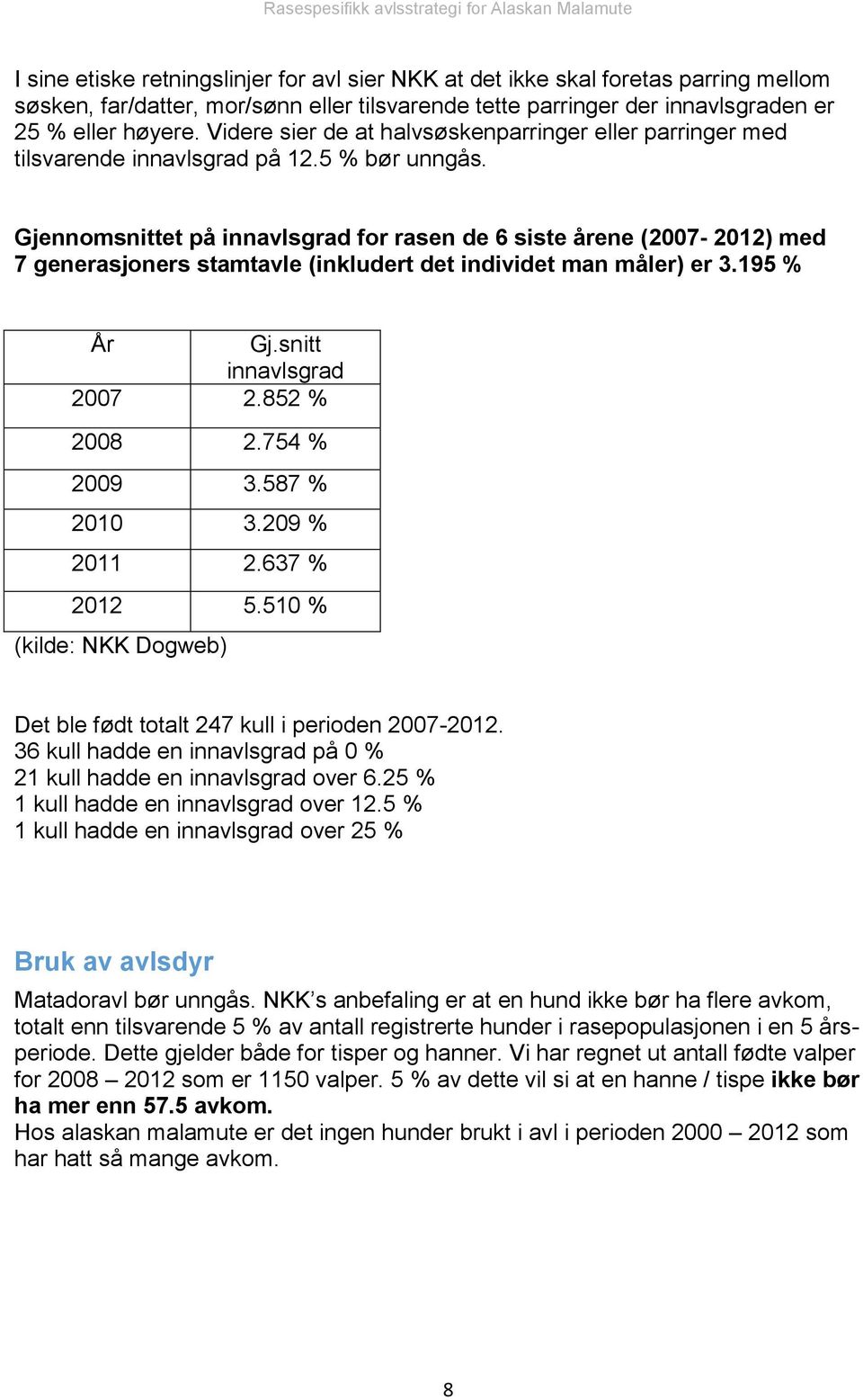 Gjennomsnittet på innavlsgrad for rasen de 6 siste årene (2007-2012) med 7 generasjoners stamtavle (inkludert det individet man måler) er 3.195 % År Gj.snitt innavlsgrad 2007 2.852 % 2008 2.