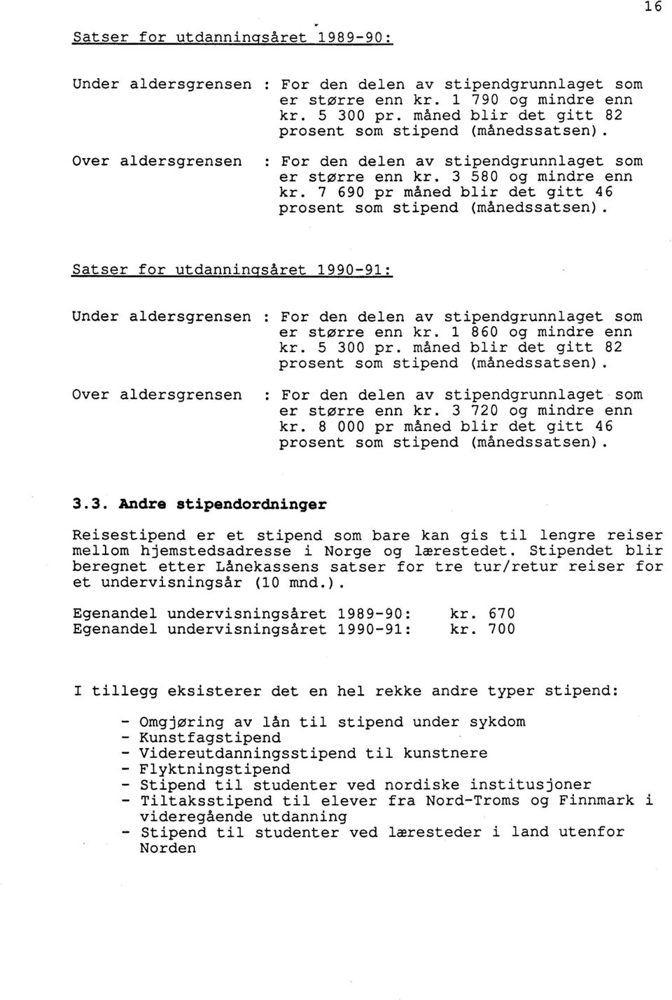 7 690 pr måned blir det gitt 46 prosent som stipend (månedssatsen). Satser for utdanninqsåret 1990-91: Under aldersgrensen : For den delen av stipendgrunnlaget som er større enn kr.