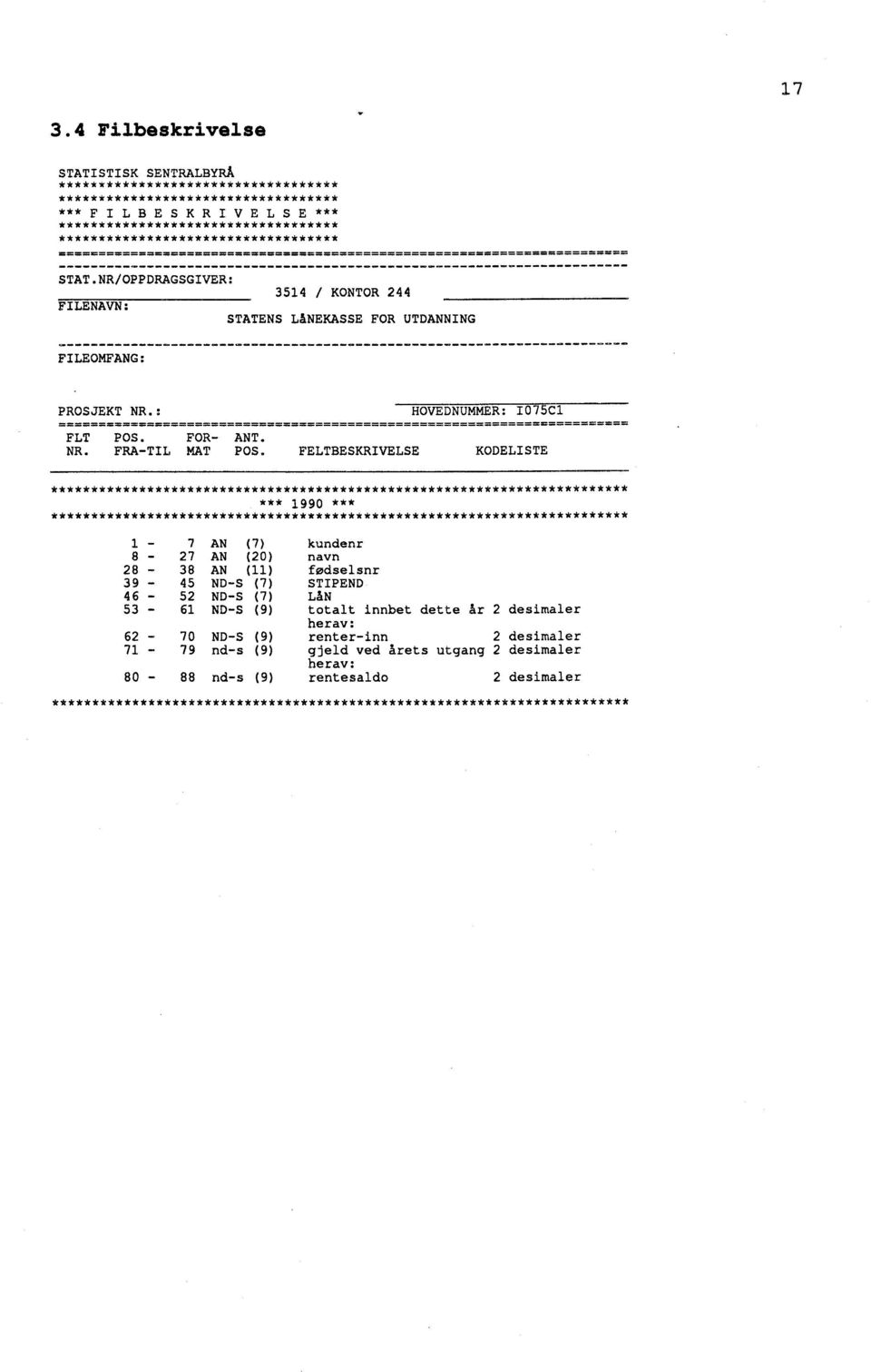 FELTBESKRIVELSE KODELISTE ** *** 1990 *** ** 1-7 AN (7) 8-27 AN (20) 28-38 AN (11) 39-45 ND-S (7) 46-52 ND-S (7) 53-61 ND-S (9) 62-70 ND-S (9) 71-79 nd-s