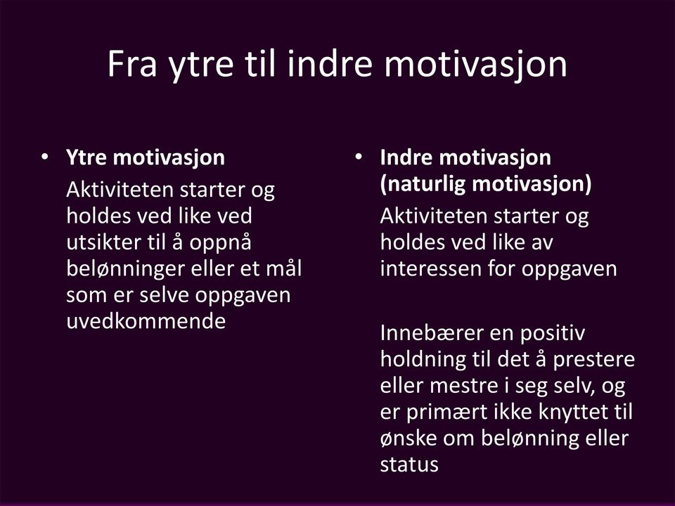 motivasjon) Aktiviteten starter og holdes ved like av interessen for oppgaven Innebærer en positiv