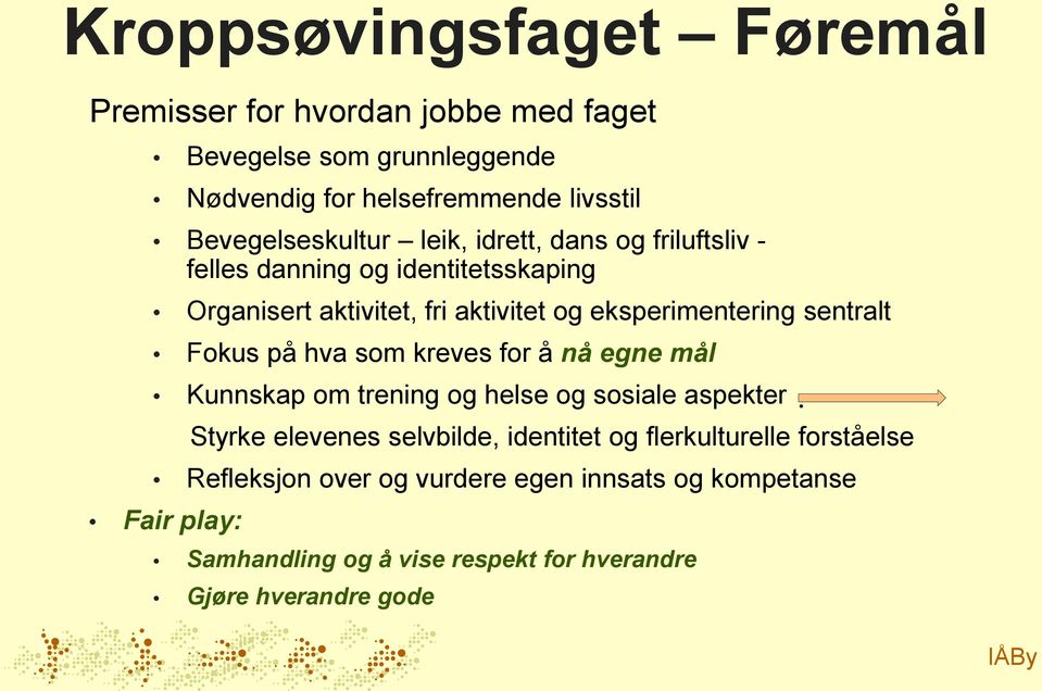 eksperimentering sentralt Fokus på hva som kreves for å nå egne mål Kunnskap om trening og helse og sosiale aspekter Refleksjon over og