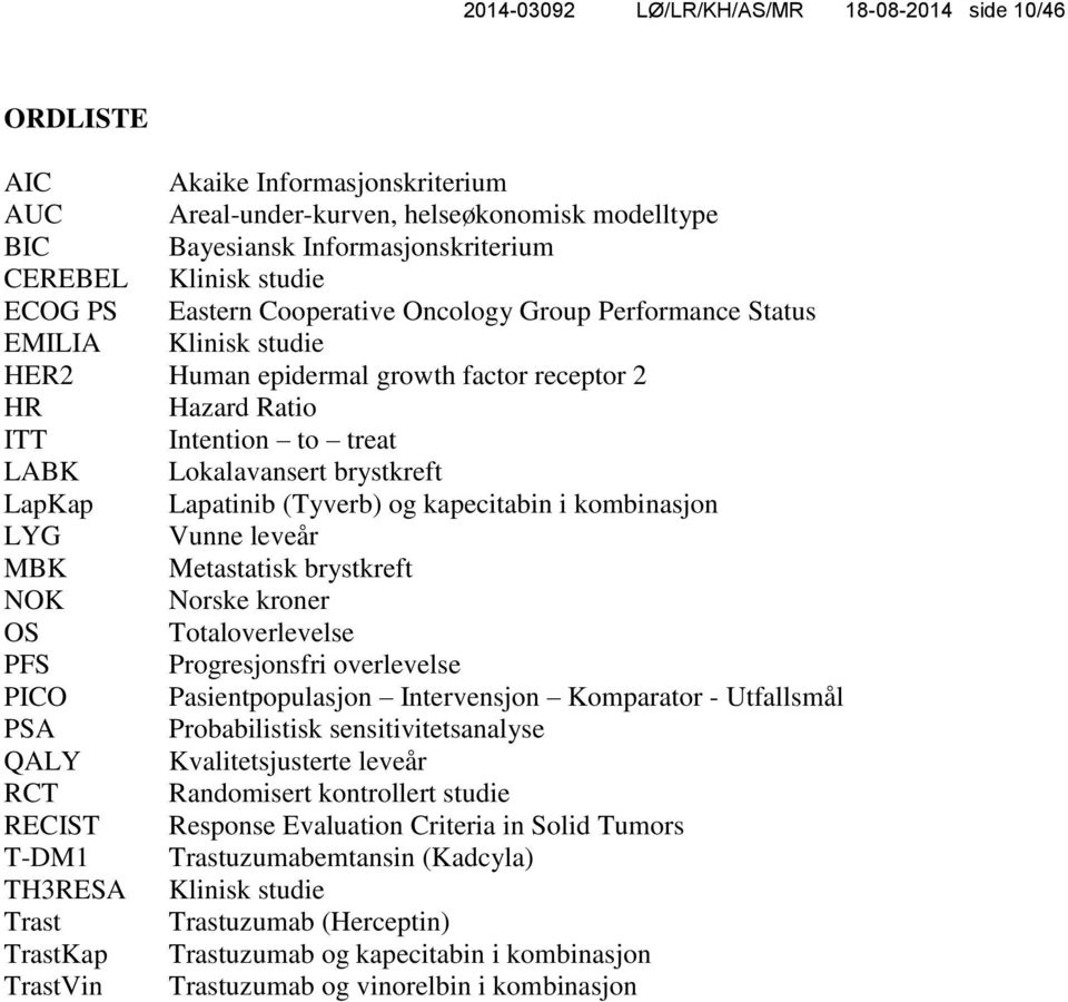 LapKap Lapatinib (Tyverb) og kapecitabin i kombinasjon LYG Vunne leveår MBK Metastatisk brystkreft NOK Norske kroner OS Totaloverlevelse PFS Progresjonsfri overlevelse PICO Pasientpopulasjon