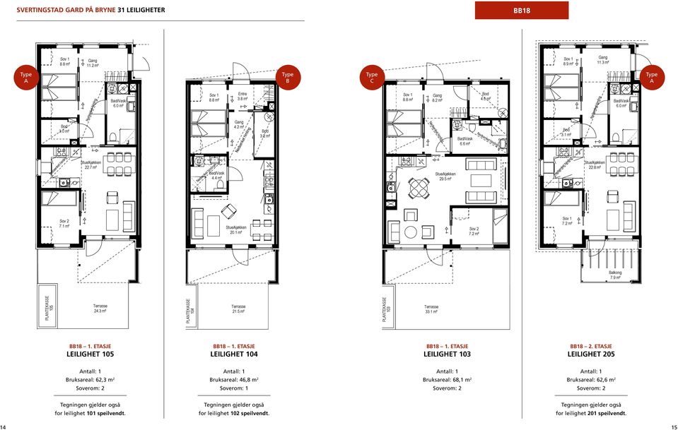 ETASJE LEILIGHET 205 Bruksareal: 62,3 m 2 Bruksareal: 46,8 m 2 Soverom: 1