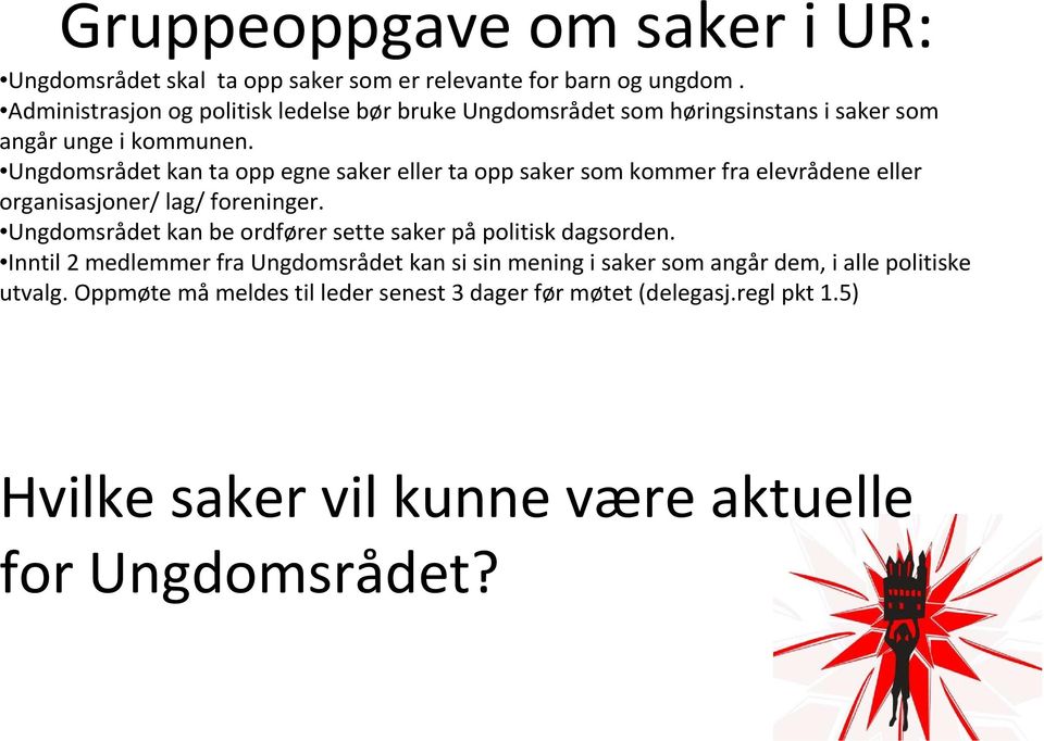 Ungdomsrådet kan ta opp egne saker eller ta opp saker som kommer fra elevrådene eller organisasjoner/ lag/ foreninger.