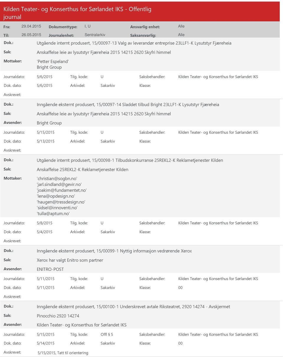 kode: 5/13/2015 tgående internt produsert, 15/098-1 Tilbudskonkurranse 25REKL2-K Reklametjenester Kilden Anskaffelse 25REKL2-K Reklametjenester Kilden 'christian@sogbn.no' 'jarl.sindland@gevir.