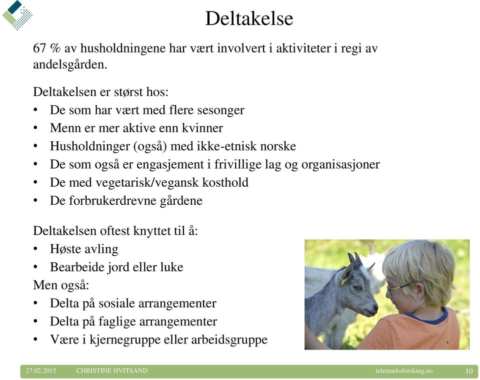 som også er engasjement i frivillige lag og organisasjoner De med vegetarisk/vegansk kosthold De forbrukerdrevne gårdene Deltakelsen oftest