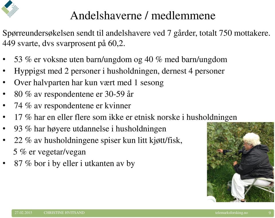 sesong 80 % av respondentene er 30-59 år 74 % av respondentene er kvinner 17 % har en eller flere som ikke er etnisk norske i husholdningen 93 % har