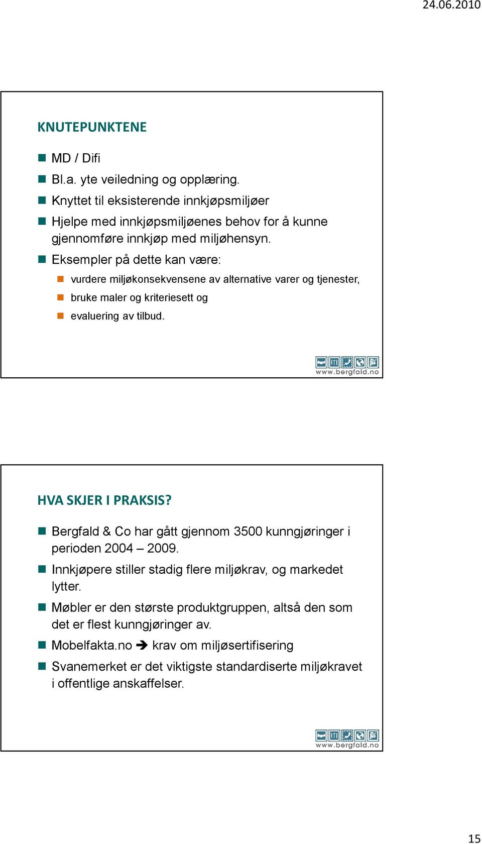 Eksempler på dette kan være: vurdere miljøkonsekvensene av alternative varer og tjenester, bruke maler og kriteriesett og evaluering av tilbud. HVA SKJER I PRAKSIS?