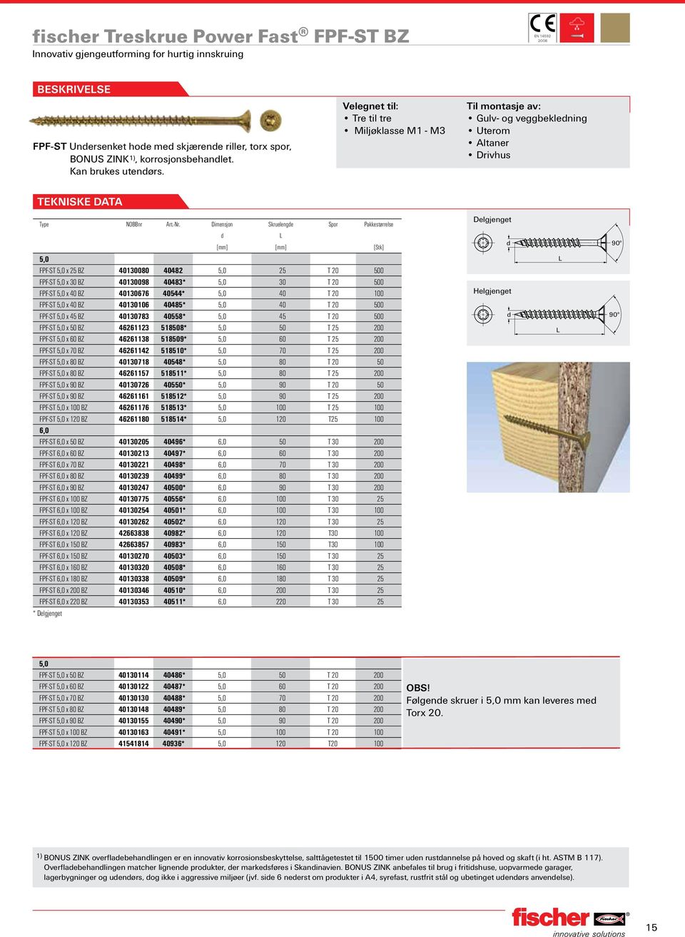 Dimensjon Skruelenge 5,0 FPF-ST 5,0 x 25 BZ 40130080 40482 5,0 25 T 20 500 FPF-ST 5,0 x 30 BZ 40130098 40483* 5,0 30 T 20 500 FPF-ST 5,0 x 40 BZ 40130676 40544* 5,0 40 T 20 100 FPF-ST 5,0 x 40 BZ