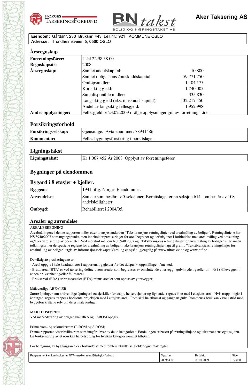 2009 i følge opplysninger gitt av forretningsfører Forsikringsforhold Forsikringsselskap: Gjensidige. Avtalenummer: 78941486 Kommentar: Felles bygningsforsikring i borettslaget.