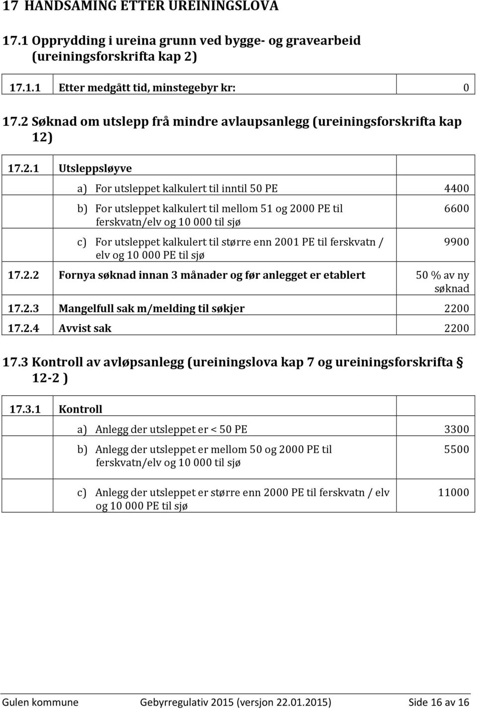 ferskvatn/elv og 10 000 til sjø c) For utsleppet kalkulert til større enn 2001 PE til ferskvatn / elv og 10 000 PE til sjø 6600 9900 17.2.2 Fornya søknad innan 3 månader og før anlegget er etablert 50 % av ny søknad 17.