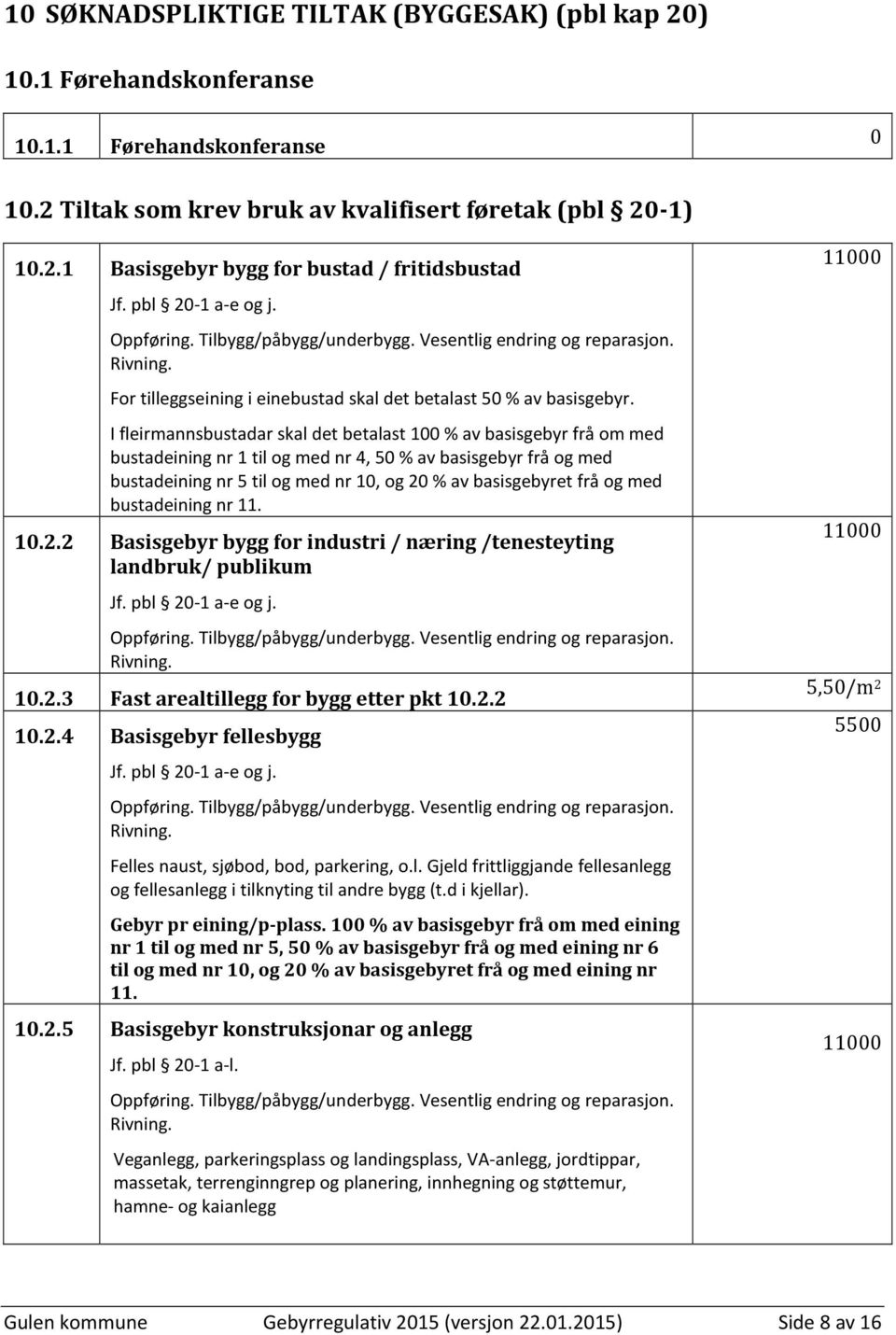 I fleirmannsbustadar skal det betalast 100 % av basisgebyr frå om med bustadeining nr 1 til og med nr 4, 50 % av basisgebyr frå og med bustadeining nr 5 til og med nr 10, og 20 % av basisgebyret frå