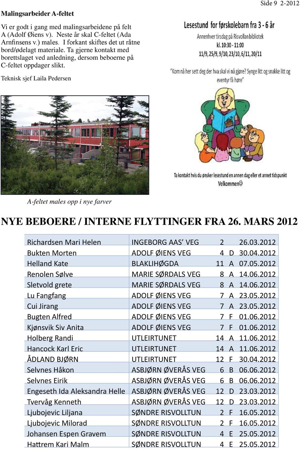 Teknisk sjef Laila Pedersen A-feltet males opp i nye farver NYE BEBOERE / INTERNE FLYTTINGER FRA 26. MARS 2012 Richardsen Mari Helen INGEBORG AAS VEG 2 26.03.2012 Bukten Morten ADOLF ØIENS VEG 4 D 30.