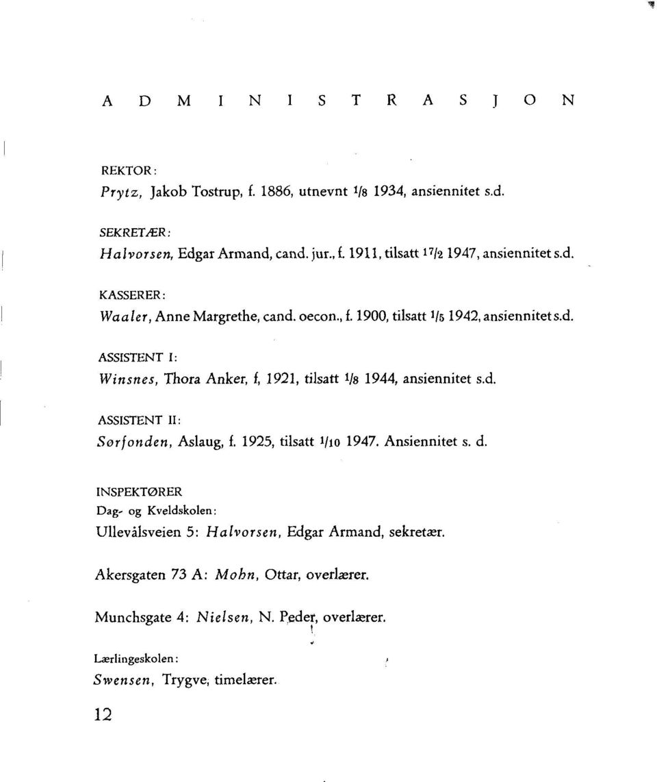 d. ASSISTENT II: Sarf onden, Aslaug, f. 1925, tilsatt 1/10 1947. Ansiennitet s. d.