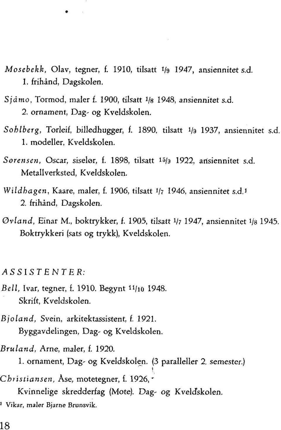 Wildhagen, Kaare, maler, f. 1906, tilsatt 1/7 1946, ansiermitet s.d.1 frihånd, Dagskolen. Øvland, Einar M., boktrykker, f. 1905, tilsatt 1/7 1947, ansiennitet 1/8 1945.