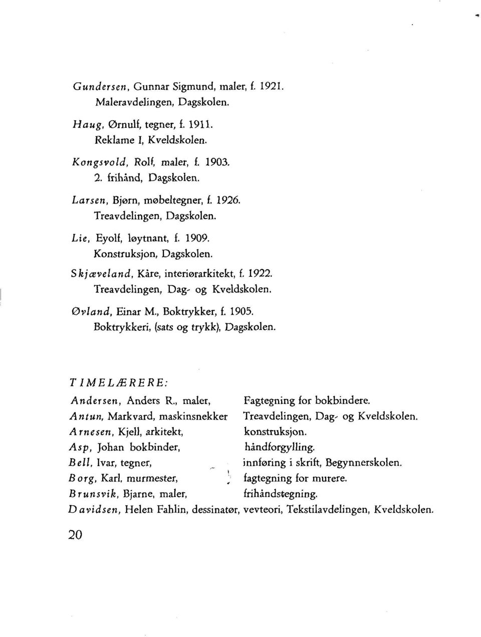 øvland, Einar M., Boktrykker, f. 1905. Boktrykkeri, (sats og trykk), Dagskolen. T IMELÆRERE: Andersen, Anders R., maler, Fagtegning for bokbindere.