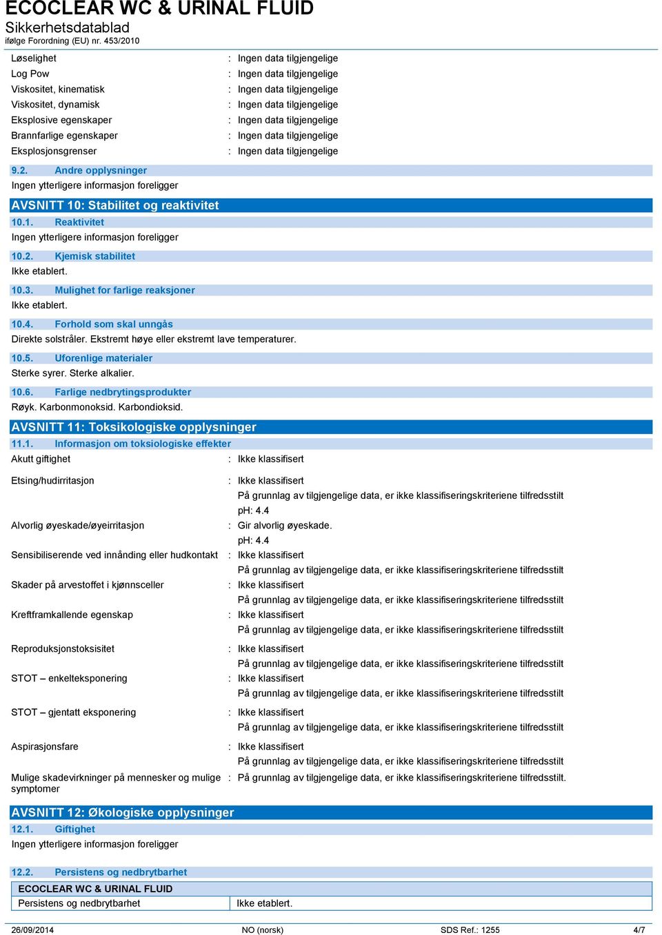 Sterke alkalier. 10.6. Farlige nedbrytingsprodukter Røyk. Karbonmonoksid. Karbondioksid. AVSNITT 11: Toksikologiske opplysninger 11.1. Informasjon om toksiologiske effekter Akutt giftighet Etsing/hudirritasjon ph: 4.