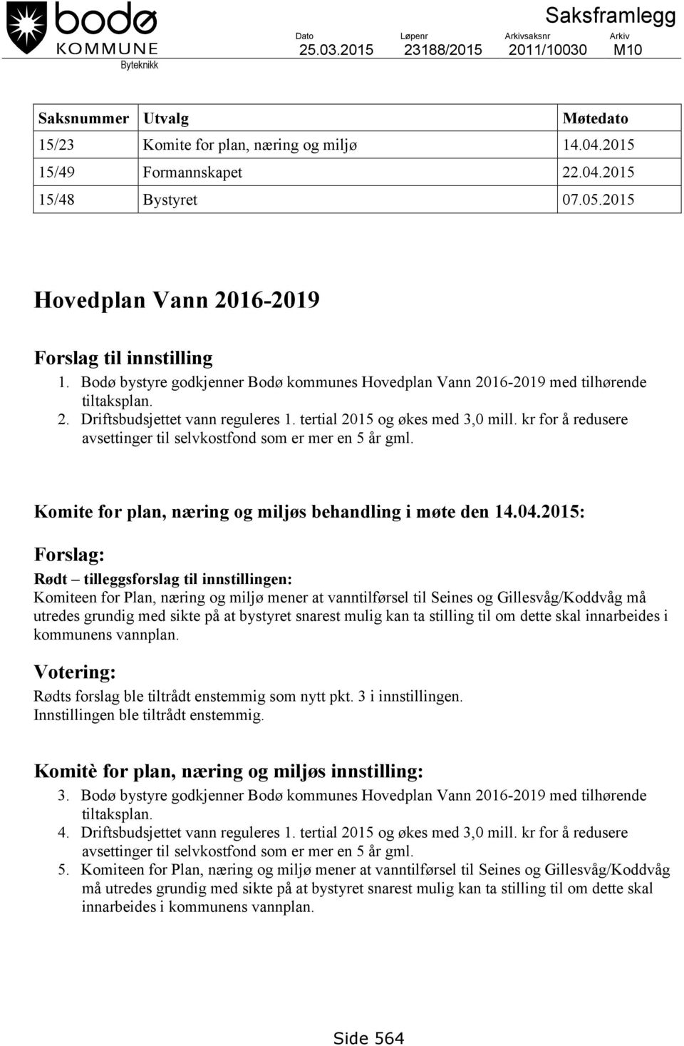 kr for å redusere avsettinger til selvkostfond som er mer en 5 år gml. Komite for plan, næring og miljøs behandling i møte den 14.04.