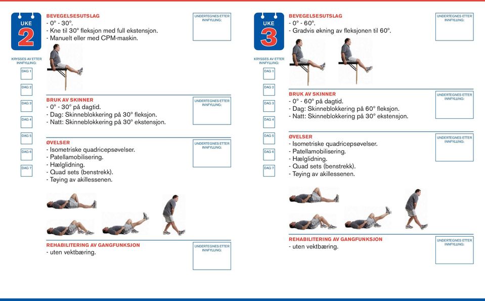 - Natt: Skinneblokkering på 30º ekstensjon. DAG 5 DAG 5 DAG 6 - Isometriske quadricepsøvelser. DAG 6 - Patellamobilisering. - Hælglidning. - Quad sets (benstrekk).