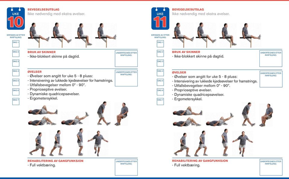 - Ergometersykkel. - Øvelser som angitt for uke 5-8 pluss: - Intensivering av lukkede kjedeøvelser for hamstrings.