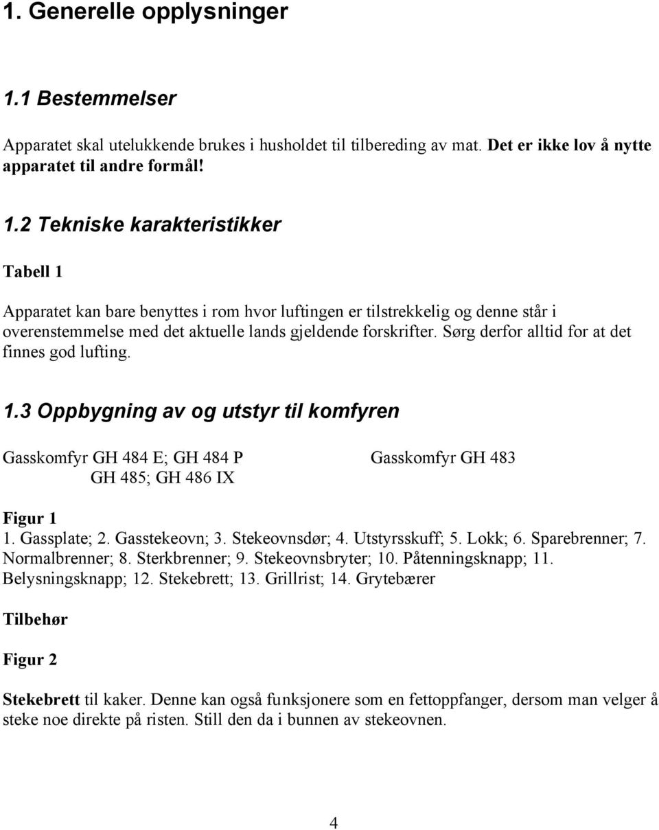 2 Tekniske karakteristikker Tabell 1 Apparatet kan bare benyttes i rom hvor luftingen er tilstrekkelig og denne står i overenstemmelse med det aktuelle lands gjeldende forskrifter.