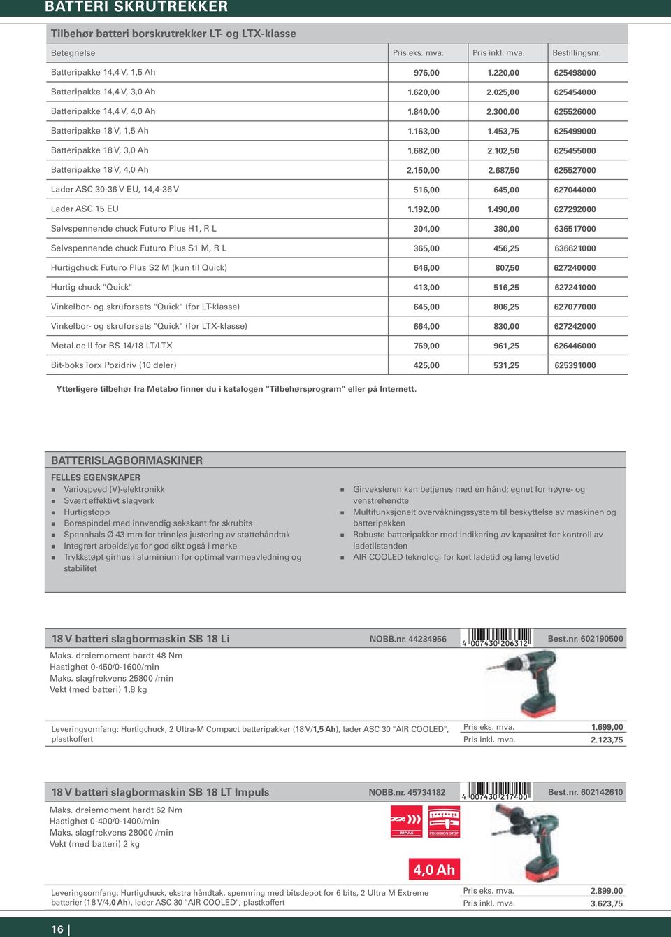 102,50 625455000 Batteripakke 18 V, 4,0 Ah 2.150,00 2.687,50 625527000 Lader ASC 30-36 V EU, 14,4-36 V 516,00 645,00 627044000 Lader ASC 15 EU 1.192,00 1.