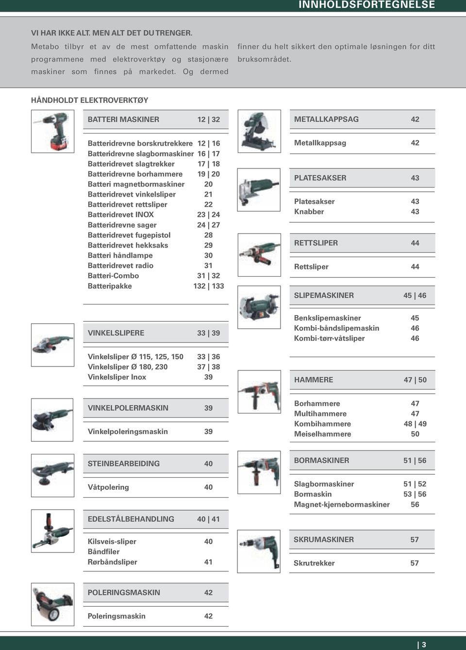 håndholdt ELEKTROVERKTøy BATTERI MASKInER 12 32 METALLKAPPSAg 42 Batteridrevne borskrutrekkere 12 16 Batteridrevne slagbormaskiner 16 17 Batteridrevet slagtrekker 17 18 Batteridrevne borhammere 19 20