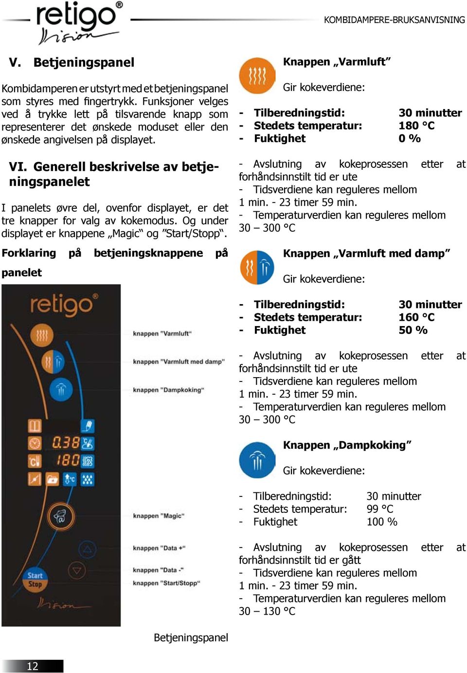 Generell beskrivelse av betjeningspanelet I panelets øvre del, ovenfor displayet, er det tre knapper for valg av kokemodus. Og under displayet er knappene Magic og Start/Stopp.