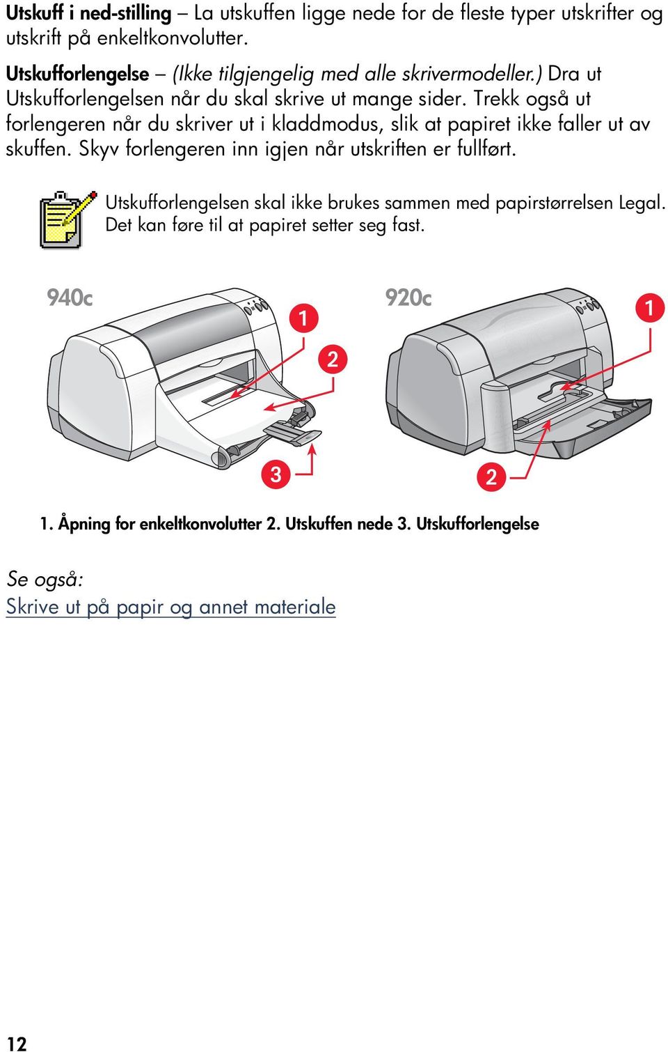 Trekk også ut forlengeren når du skriver ut i kladdmodus, slik at papiret ikke faller ut av skuffen. Skyv forlengeren inn igjen når utskriften er fullført.