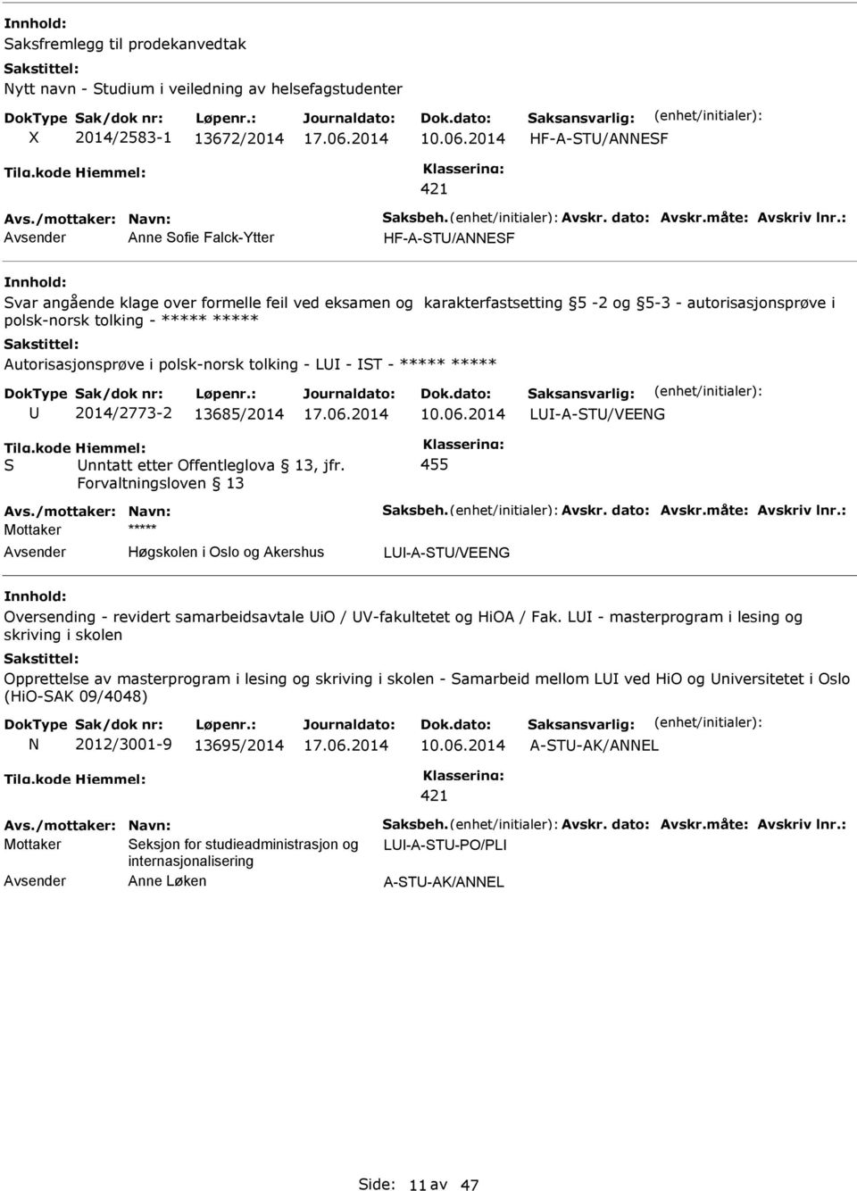 Autorisasjonsprøve i polsk-norsk tolking - LU - ST - ***** ***** U S 2014/2773-2 13685/2014 Unntatt etter Offentleglova 13, jfr. Forvaltningsloven 13 455 LU-A-STU/VEEG Avs./mottaker: avn: Saksbeh.