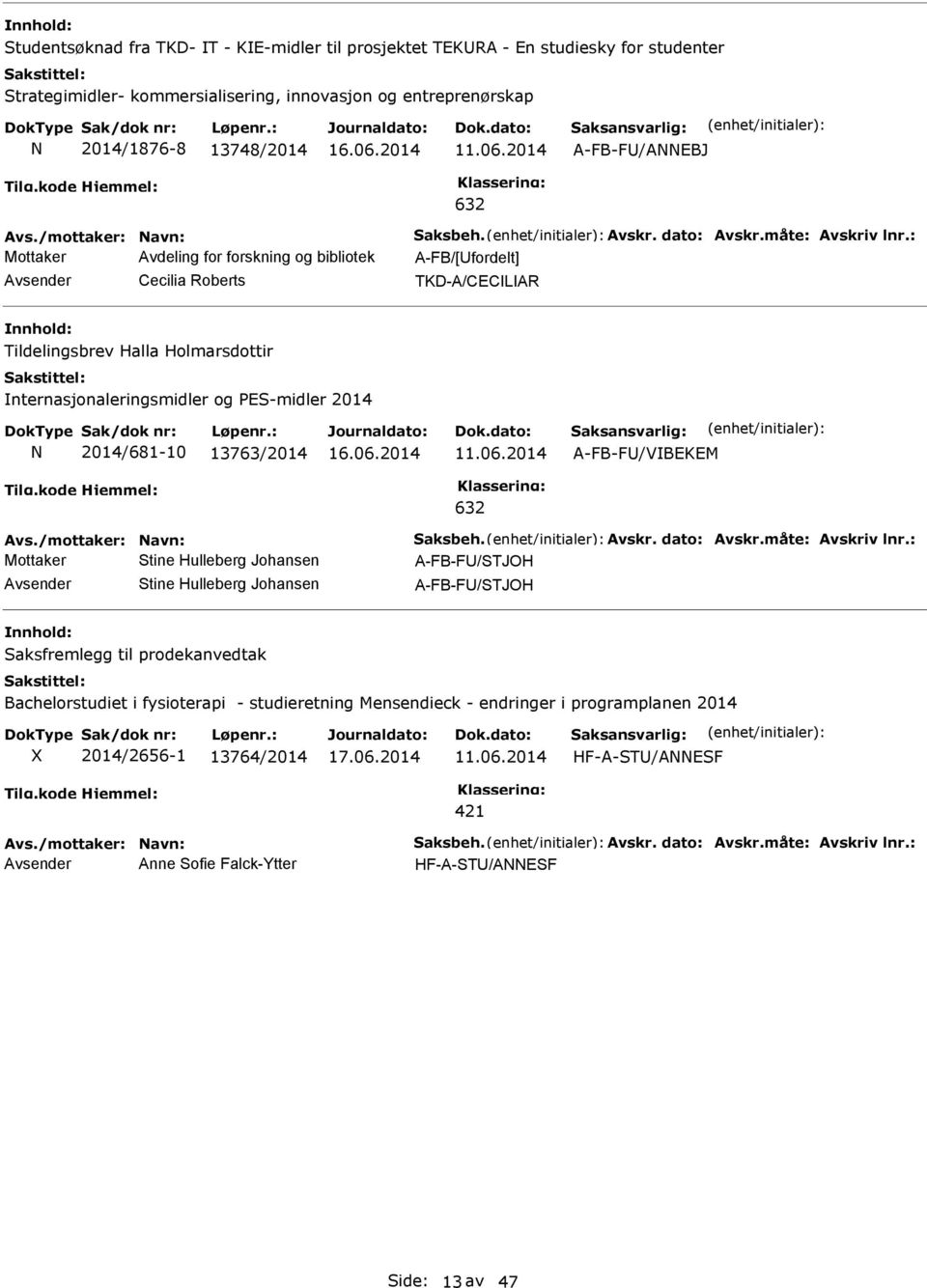 : Mottaker Avdeling for forskning og bibliotek A-FB/[Ufordelt] Avsender Cecilia Roberts TKD-A/CECLAR Tildelingsbrev Halla Holmarsdottir nternasjonaleringsmidler og PES-midler 2014 2014/681-10