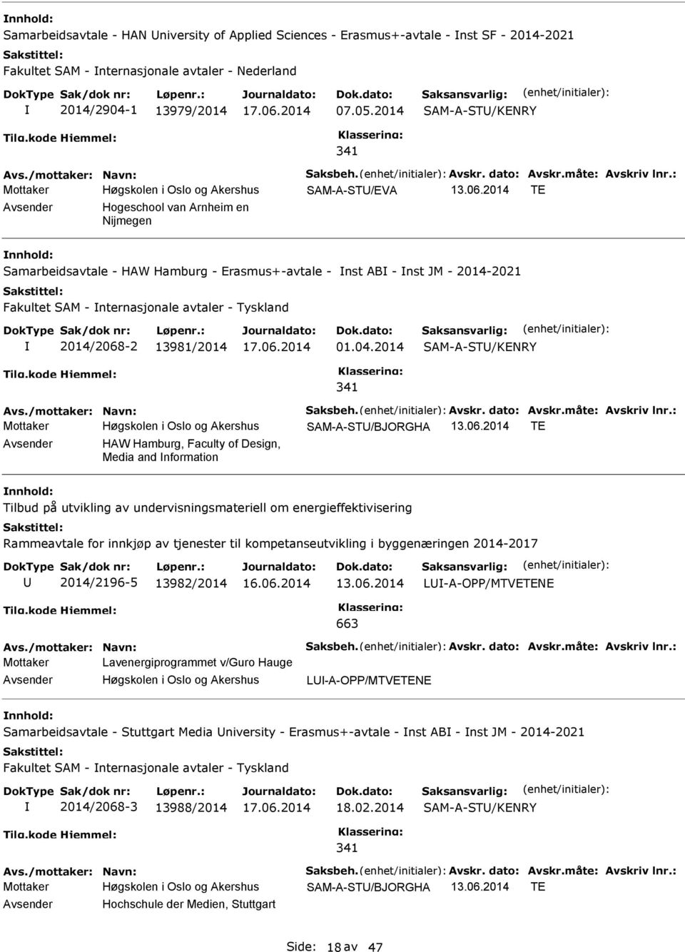 2014 TE Avsender Hogeschool van Arnheim en ijmegen Samarbeidsavtale - HAW Hamburg - Erasmus+-avtale - nst AB - nst JM - 2014-2021 Fakultet SAM - nternasjonale avtaler - Tyskland 2014/2068-2